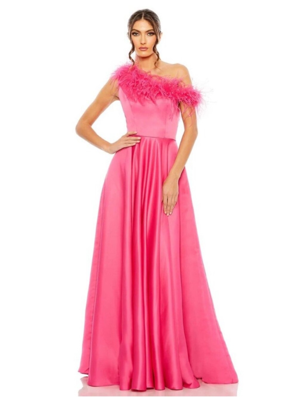 Mac Duggal Hot Pink One-Shoulder Feather Trim A-Line Evening Gown Dress Size 6